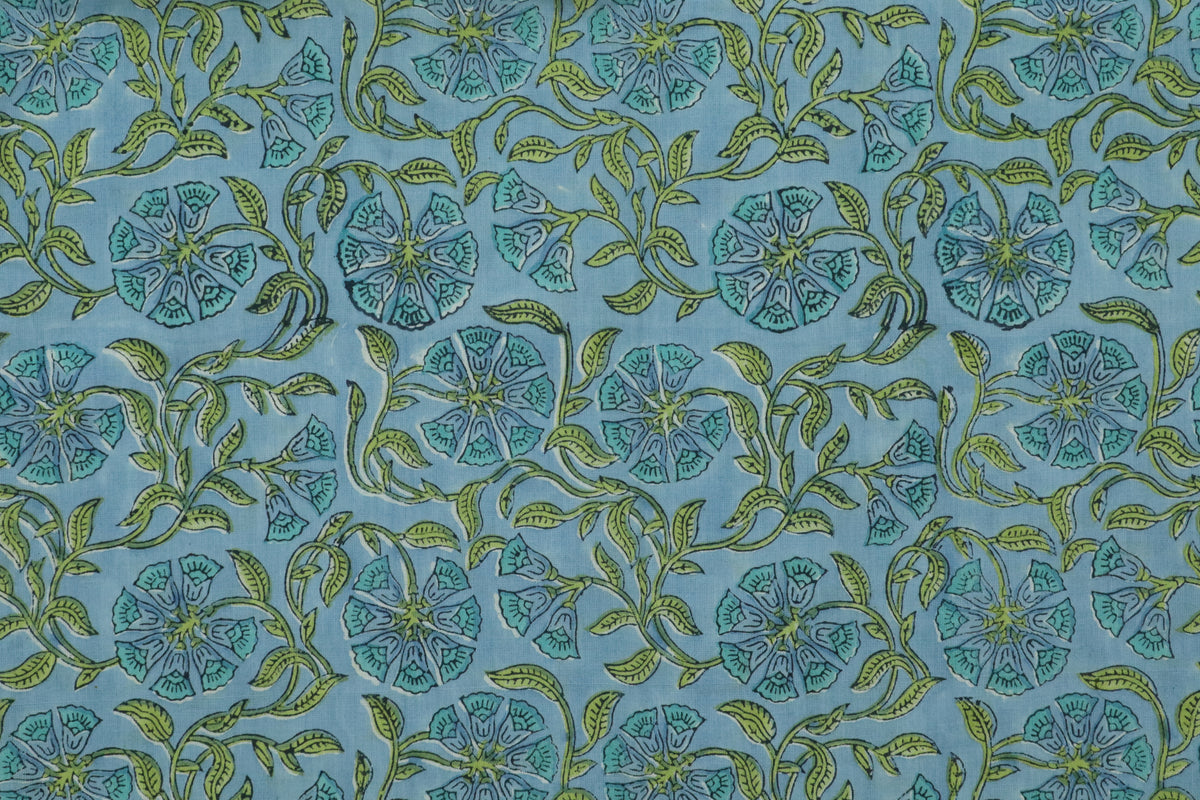 Mughal Floral Block Print Fabric: Blue & Green Linen Cotton Blend