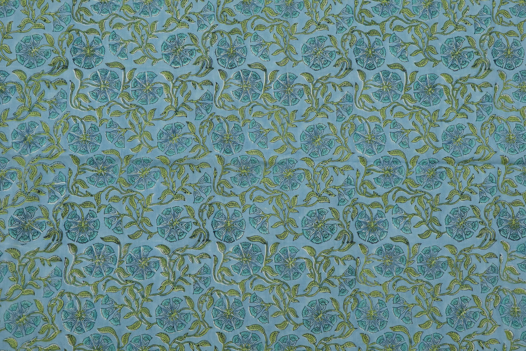 Mughal Floral Block Print Fabric: Blue & Green Linen Cotton Blend