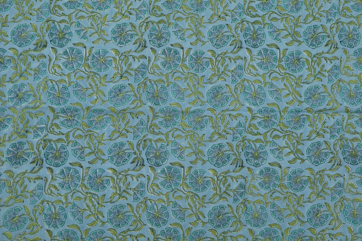 Mughal Floral Block Print Fabric: Blue & Green Linen Cotton Blend