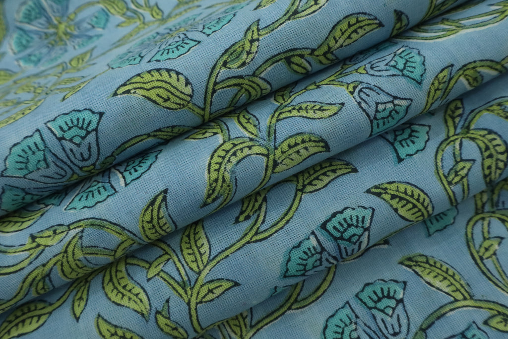 Mughal Floral Block Print Fabric: Blue & Green Linen Cotton Blend
