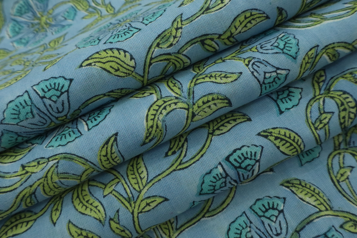Mughal Floral Block Print Fabric: Blue & Green Linen Cotton Blend