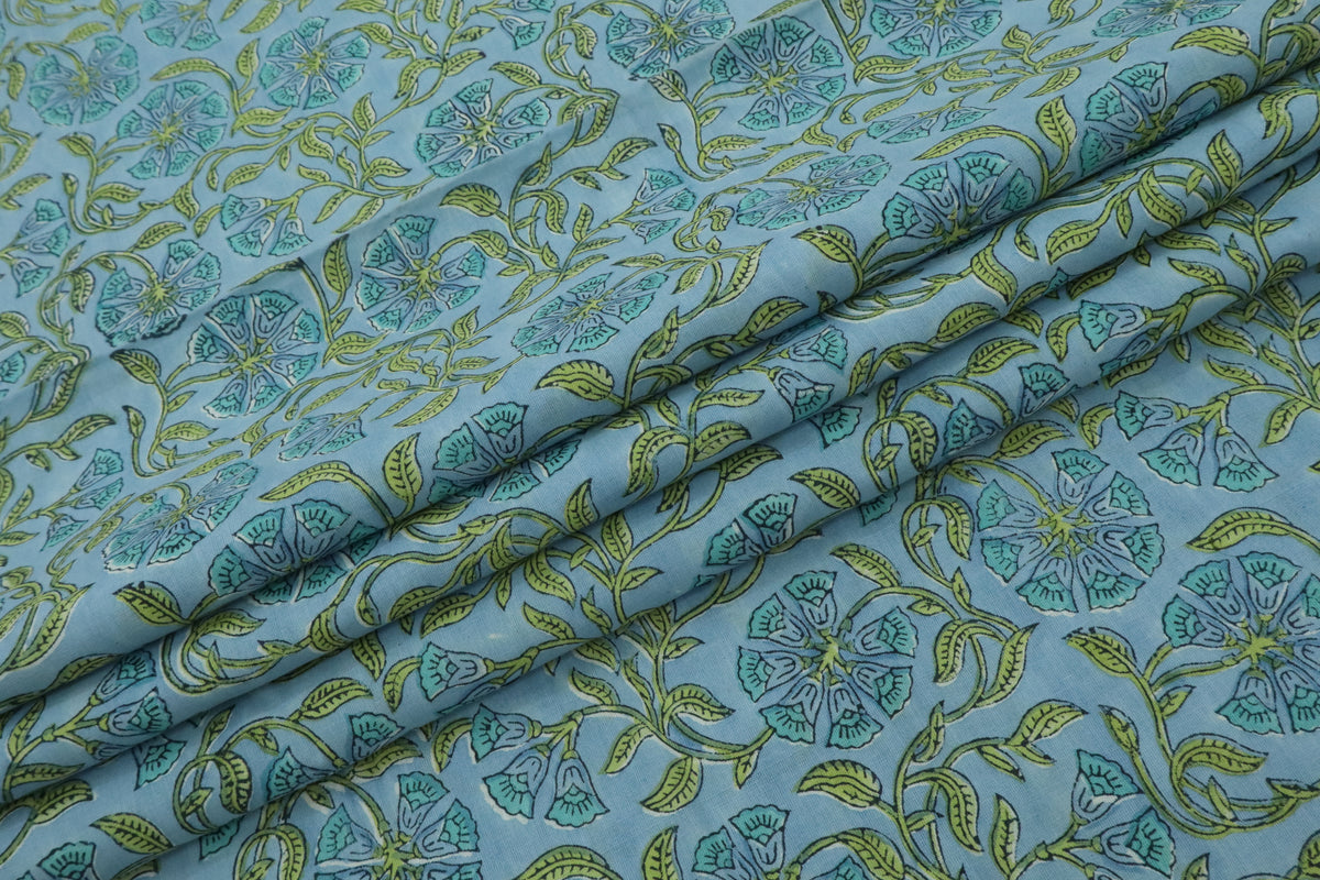 Mughal Floral Block Print Fabric: Blue & Green Linen Cotton Blend