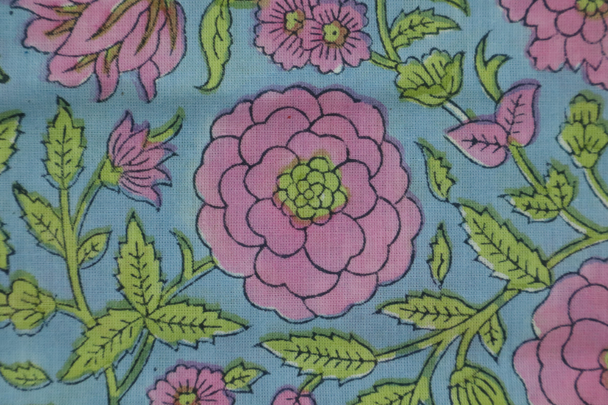 Mughal Floral Block Print Fabric: Pink, Green & Blue Linen or Cotton