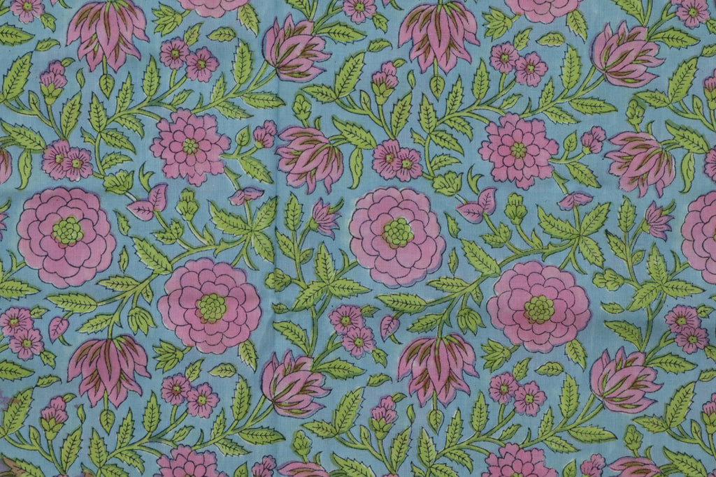 Mughal Floral Block Print Fabric: Pink, Green & Blue Linen or Cotton