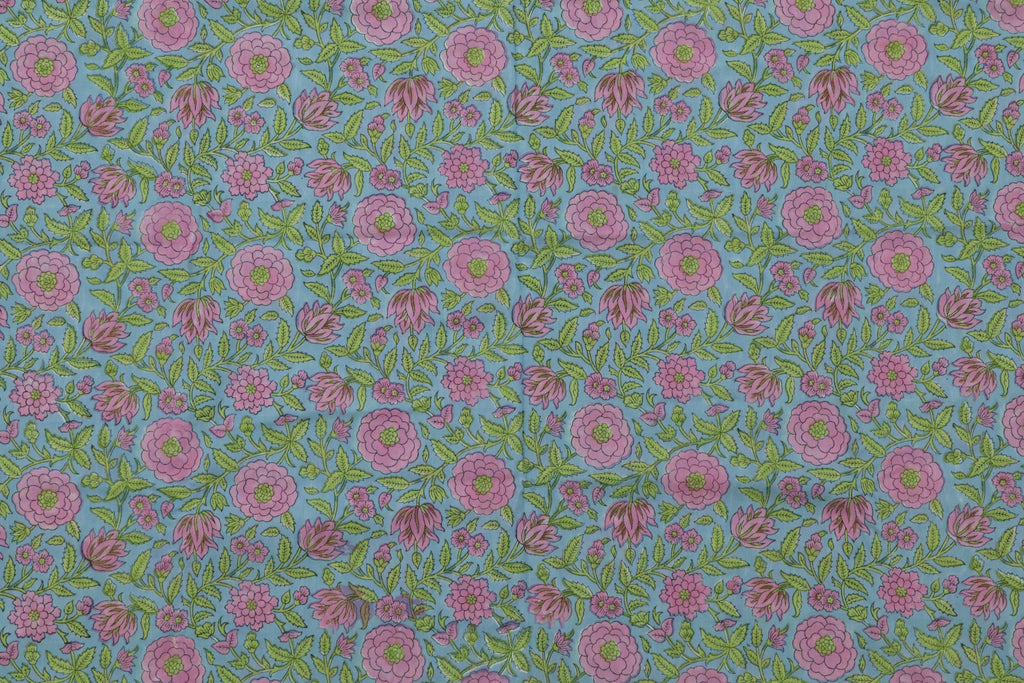 Mughal Floral Block Print Fabric: Pink, Green & Blue Linen or Cotton