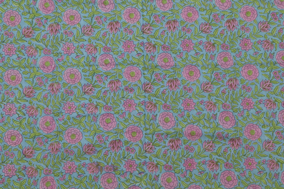 Mughal Floral Block Print Fabric: Pink, Green & Blue Linen or Cotton