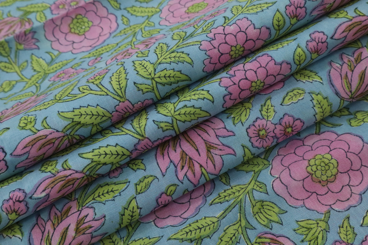Mughal Floral Block Print Fabric: Pink, Green & Blue Linen or Cotton