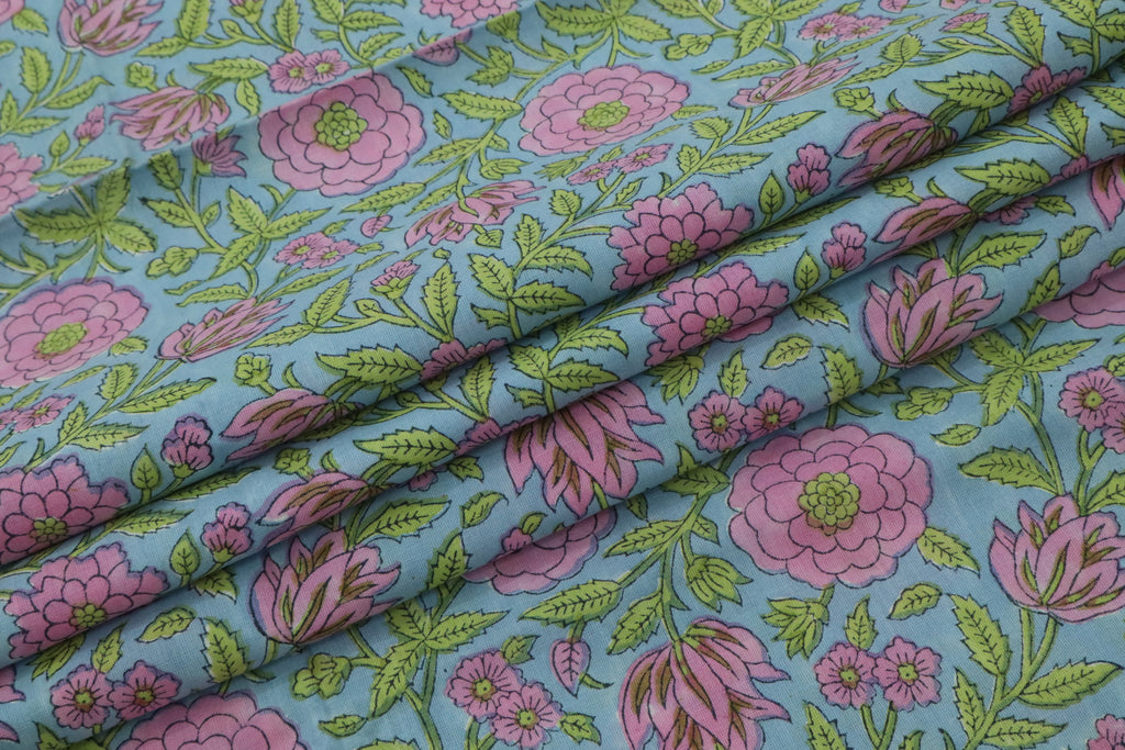 Mughal Floral Block Print Fabric: Pink, Green & Blue Linen or Cotton