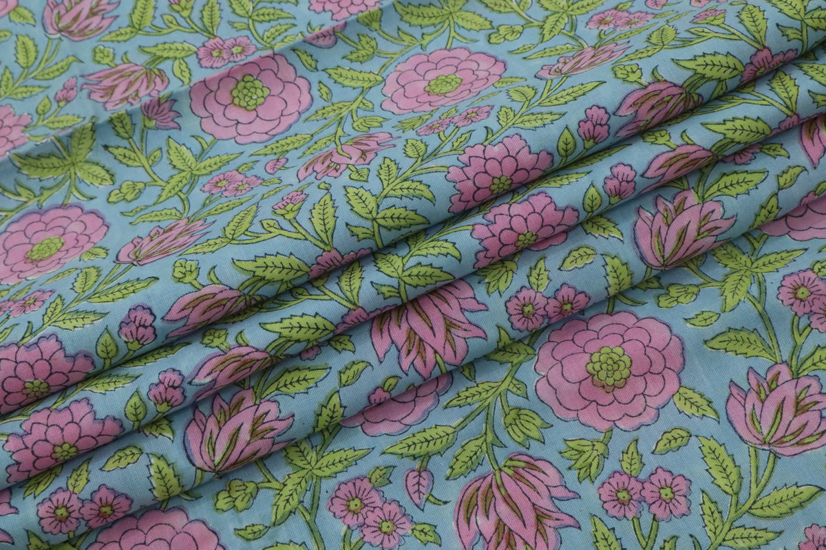 Mughal Floral Block Print Fabric: Pink, Green & Blue Linen or Cotton