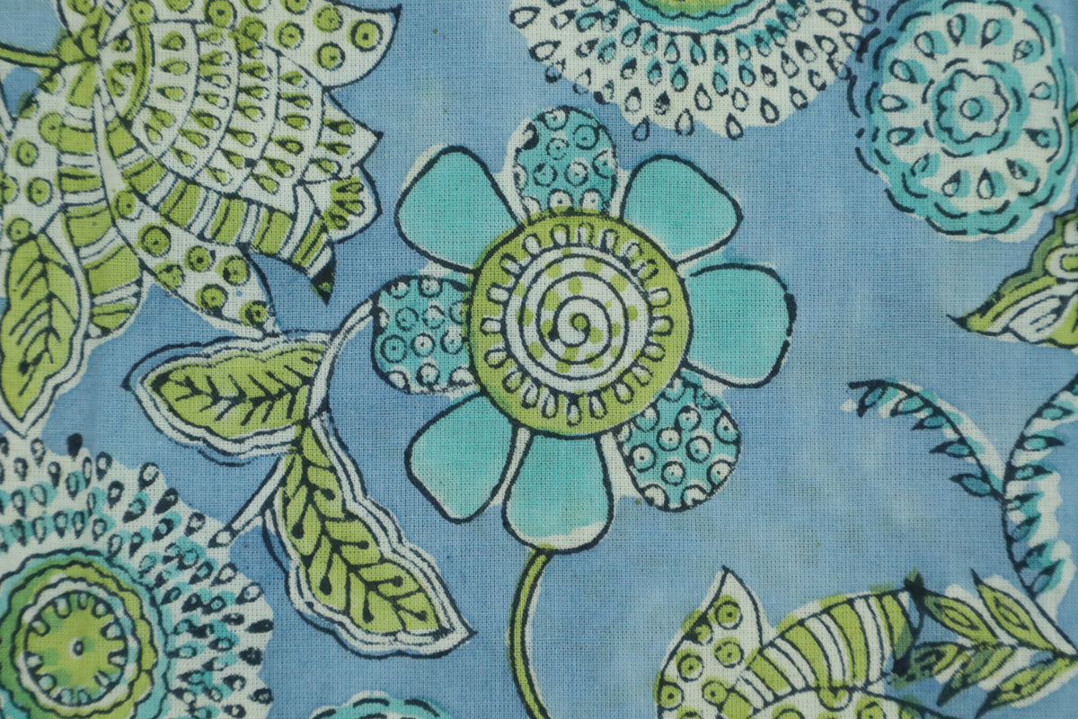 Blue & Green Floral Block Print Linen Fabric - Indian Mughal Design