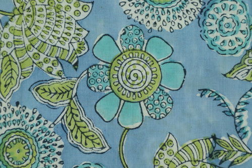 Blue & Green Floral Block Print Linen Fabric - Indian Mughal Design