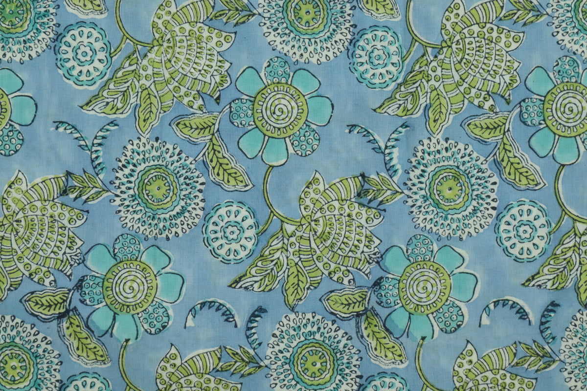Blue & Green Floral Block Print Linen Fabric - Indian Mughal Design