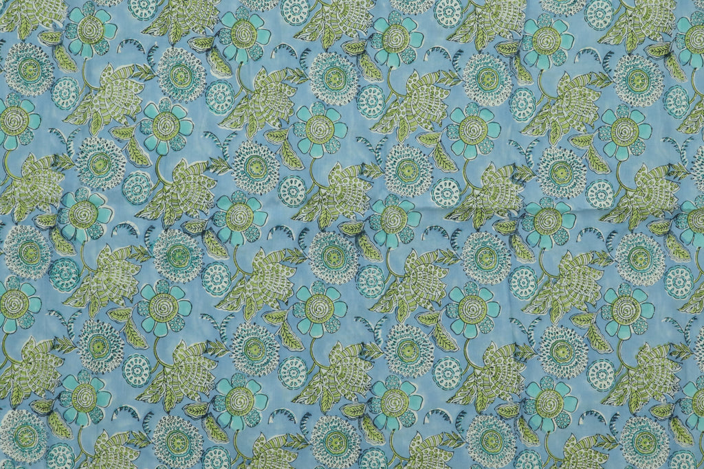 Blue & Green Floral Block Print Linen Fabric - Indian Mughal Design