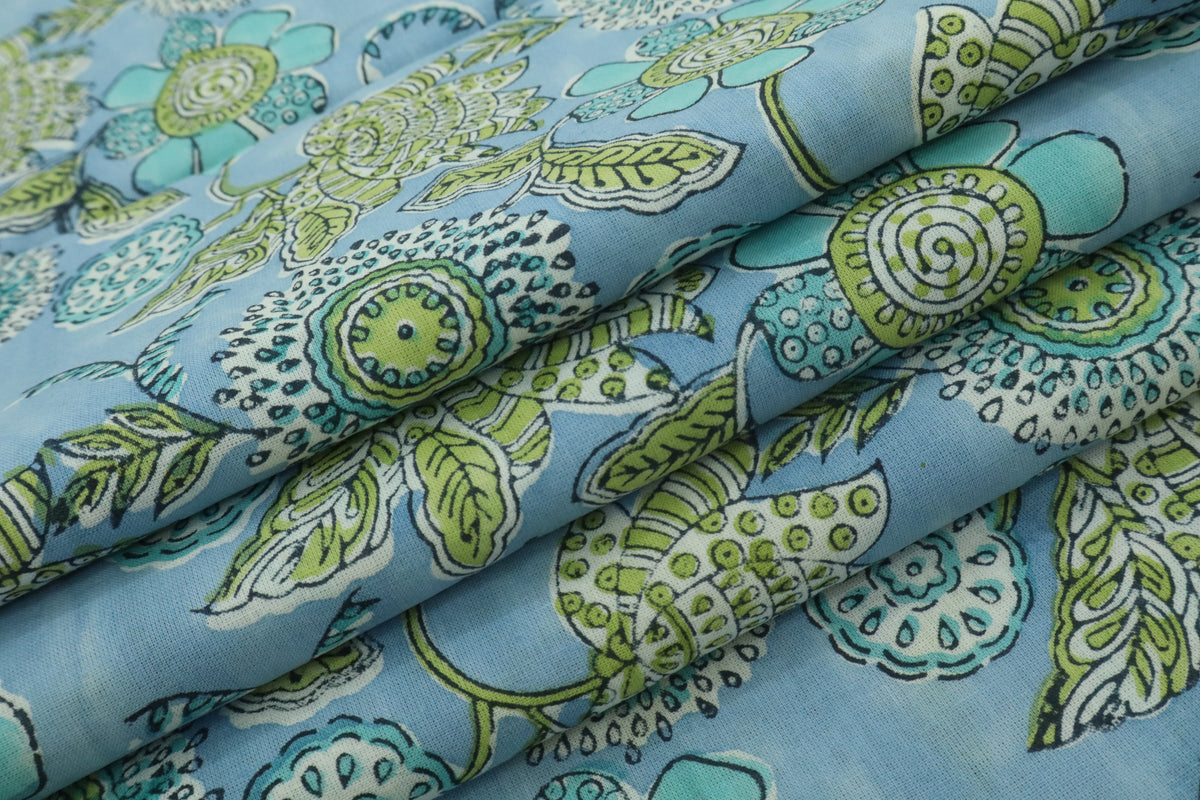 Blue & Green Floral Block Print Linen Fabric - Indian Mughal Design