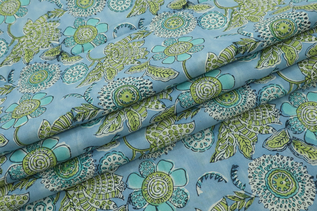 Blue & Green Floral Block Print Linen Fabric - Indian Mughal Design