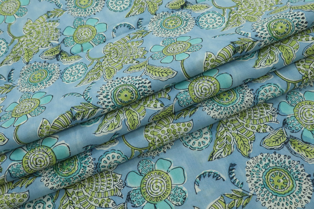 Blue & Green Floral Block Print Linen Fabric - Indian Mughal Design