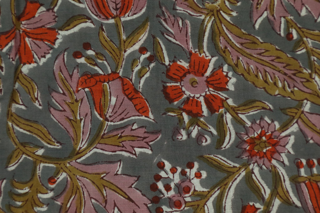 Blue & Red Floral Block Print Fabric: Indian Linen Cotton Blend