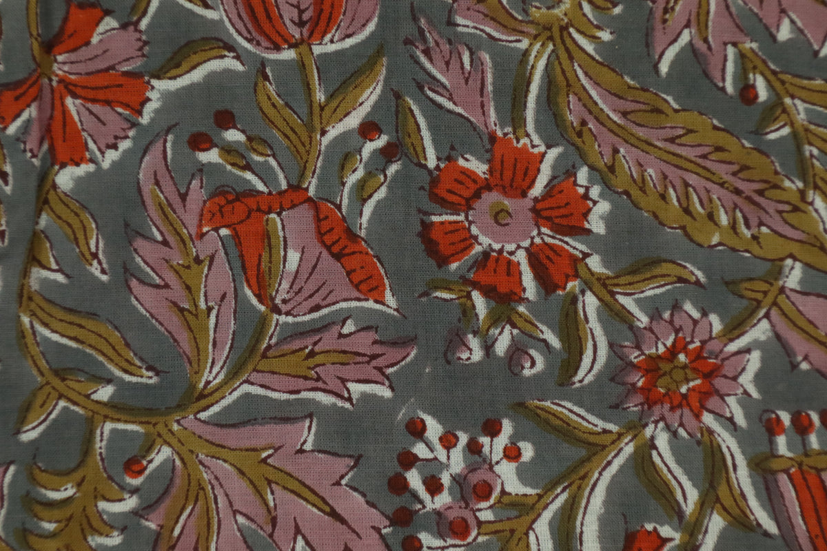 Blue & Red Floral Block Print Fabric: Indian Linen Cotton Blend