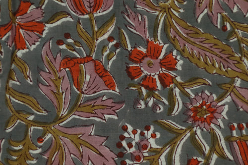 Blue & Red Floral Block Print Fabric: Indian Linen Cotton Blend