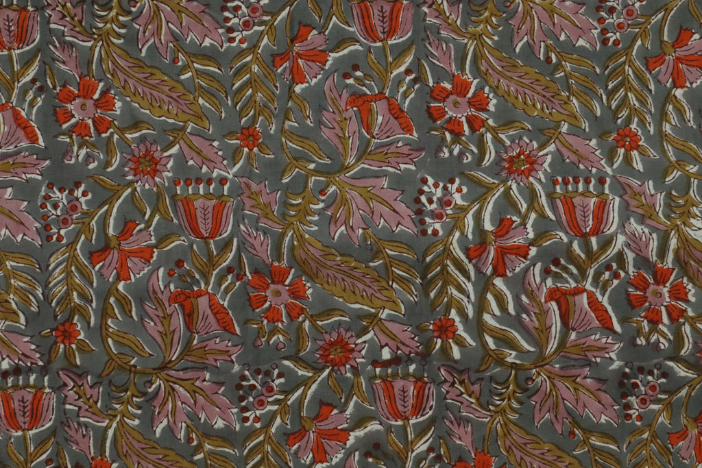 Blue & Red Floral Block Print Fabric: Indian Linen Cotton Blend