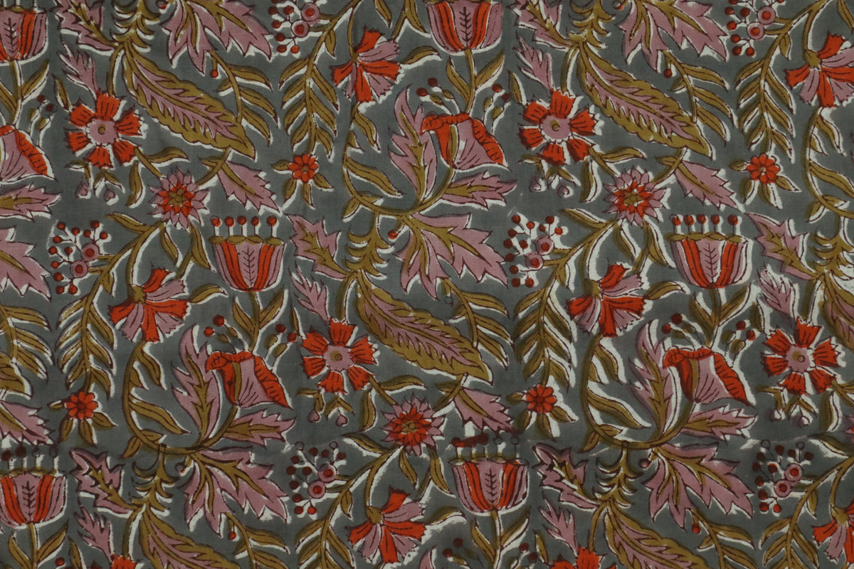 Blue & Red Floral Block Print Fabric: Indian Linen Cotton Blend