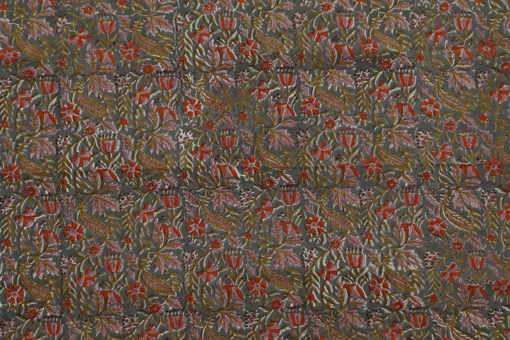 Blue & Red Floral Block Print Fabric: Indian Linen Cotton Blend