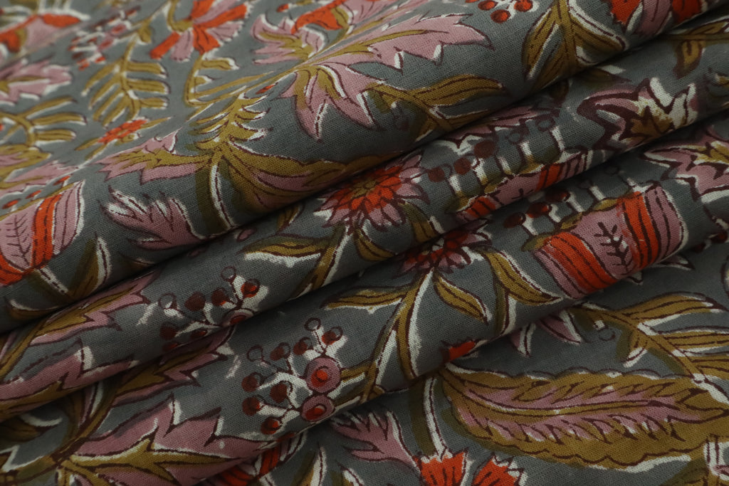 Blue & Red Floral Block Print Fabric: Indian Linen Cotton Blend