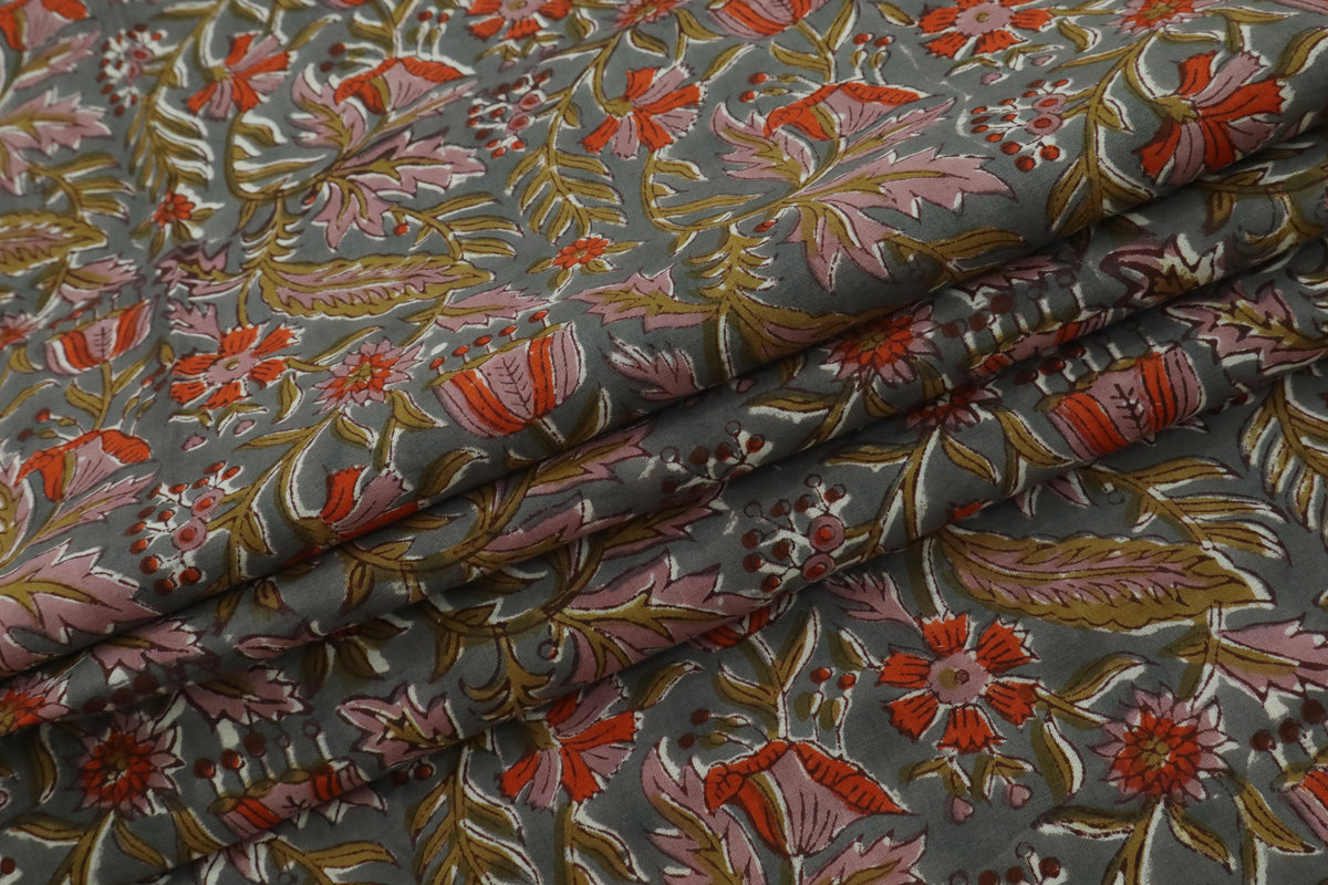 Blue & Red Floral Block Print Fabric: Indian Linen Cotton Blend