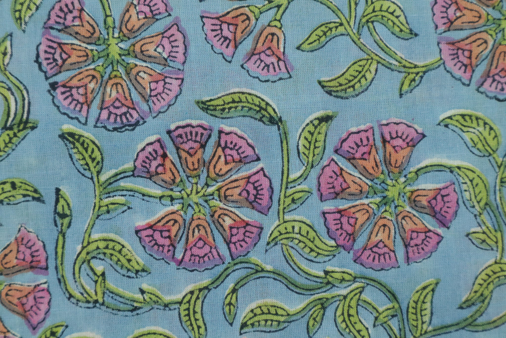 Blue & Pink Floral Block Print Linen Fabric - Indian Mughal Style