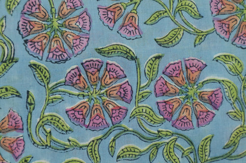 Blue & Pink Floral Block Print Linen Fabric - Indian Mughal Style