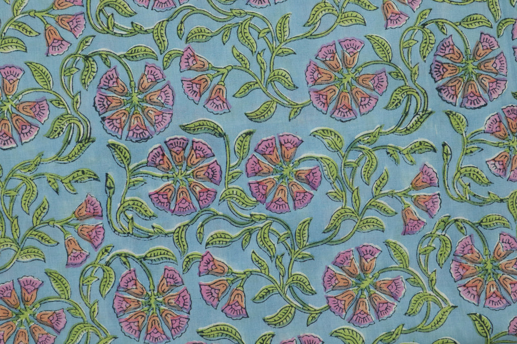 Blue & Pink Floral Block Print Linen Fabric - Indian Mughal Style