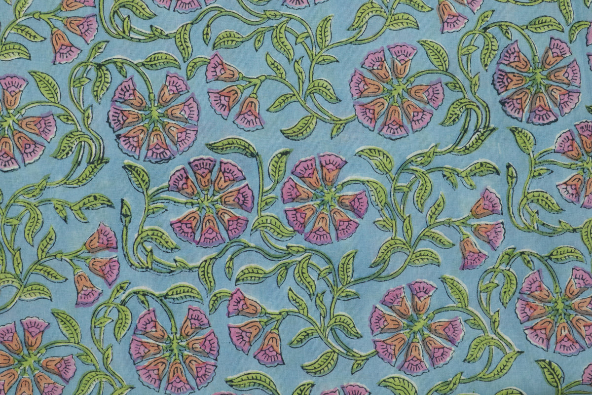 Blue & Pink Floral Block Print Linen Fabric - Indian Mughal Style