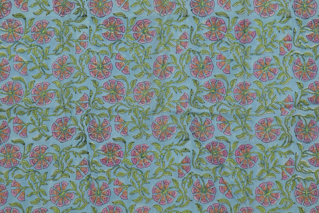 Blue & Pink Floral Block Print Linen Fabric - Indian Mughal Style