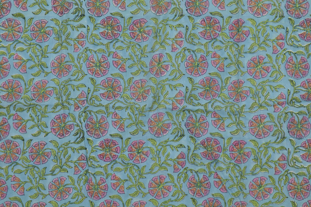 Blue & Pink Floral Block Print Linen Fabric - Indian Mughal Style
