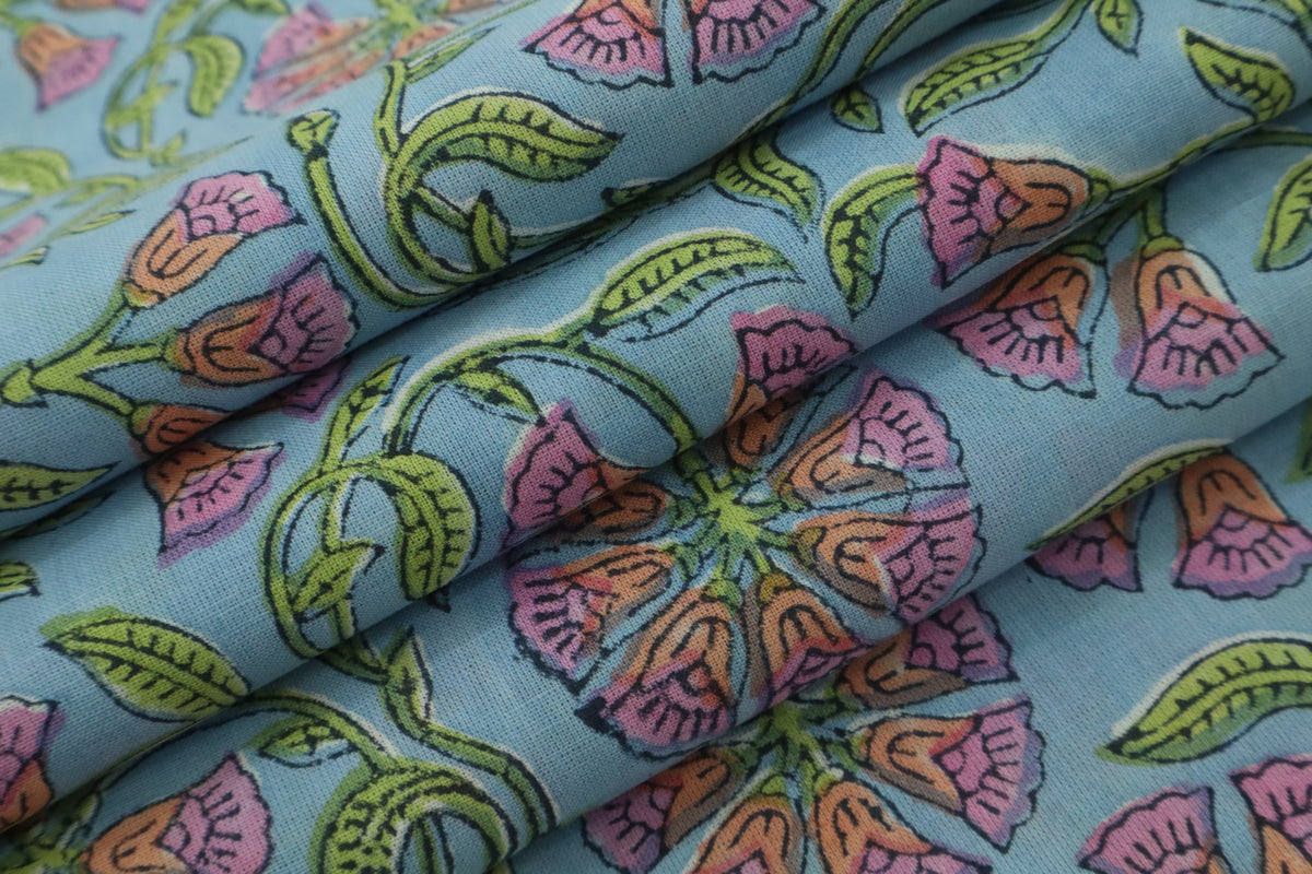 Blue & Pink Floral Block Print Linen Fabric - Indian Mughal Style