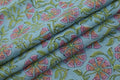 Blue & Pink Floral Block Print Linen Fabric - Indian Mughal Style