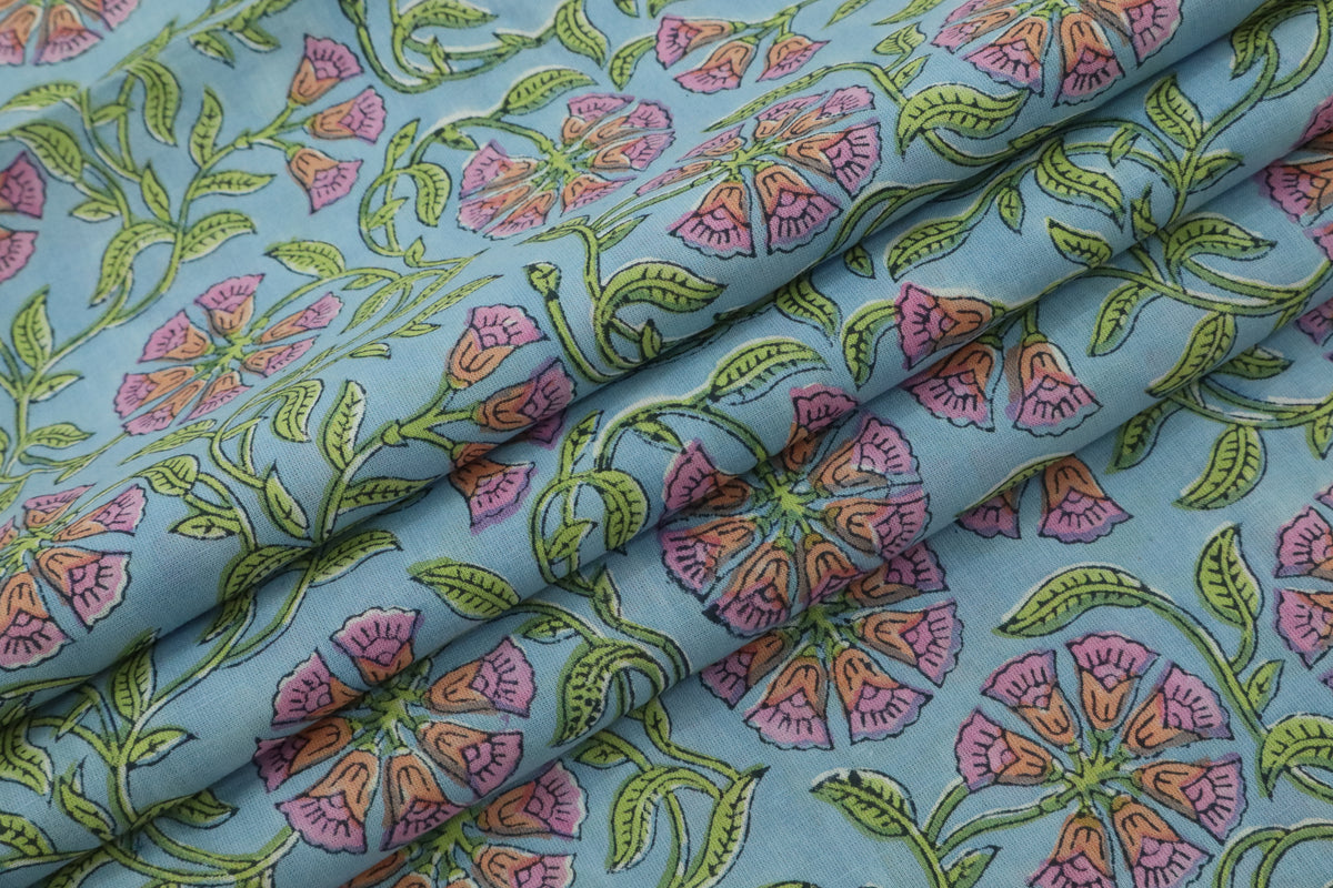Blue & Pink Floral Block Print Linen Fabric - Indian Mughal Style