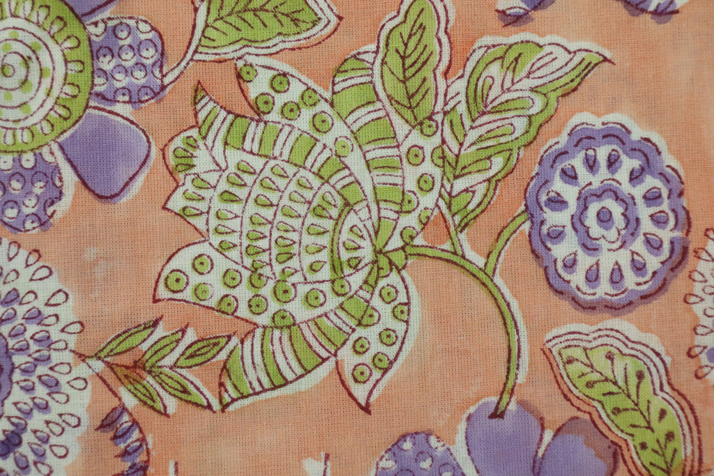 Mughal Floral Linen Fabric: Orange, Green & Purple Block Print