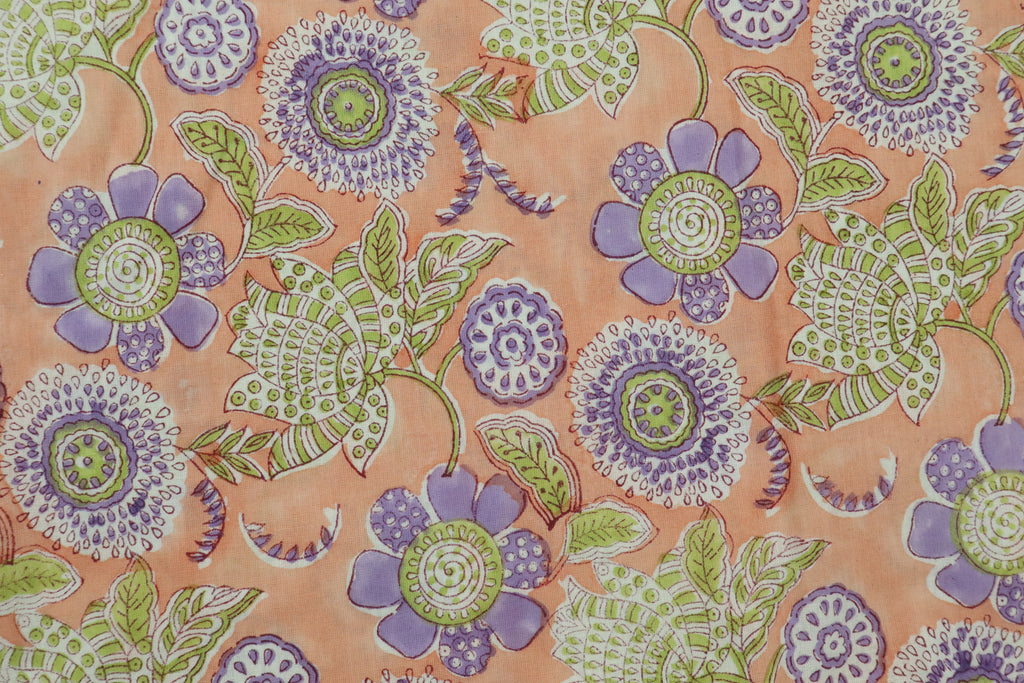 Mughal Floral Linen Fabric: Orange, Green & Purple Block Print