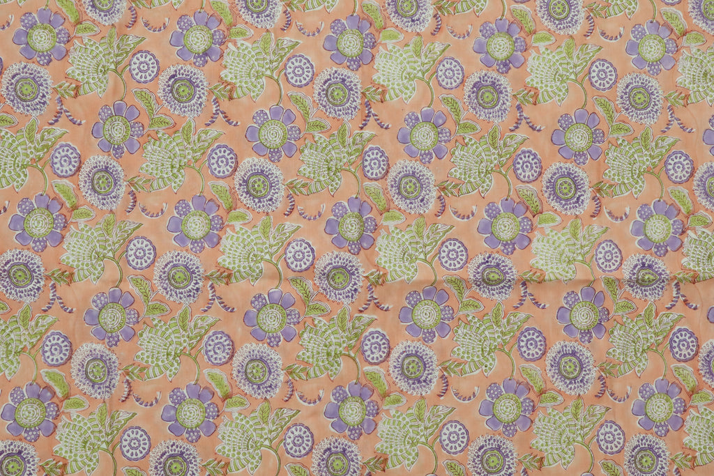 Mughal Floral Linen Fabric: Orange, Green & Purple Block Print