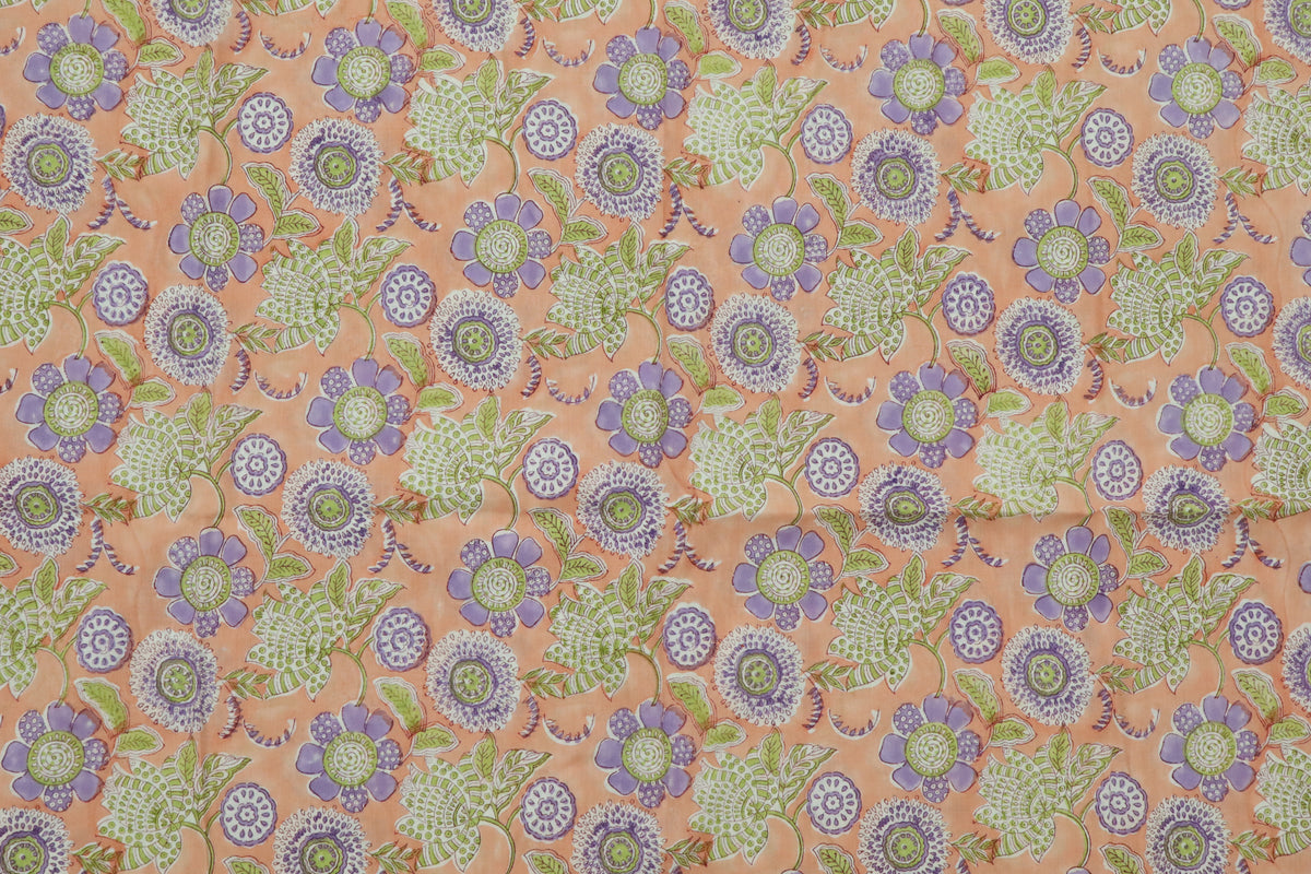 Mughal Floral Linen Fabric: Orange, Green & Purple Block Print