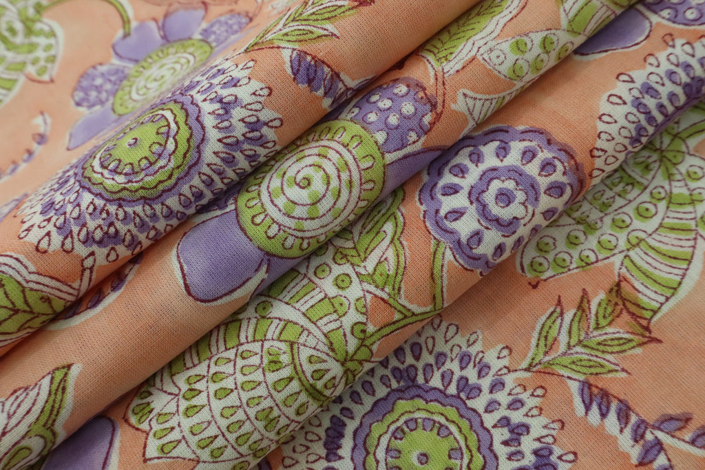 Mughal Floral Linen Fabric: Orange, Green & Purple Block Print