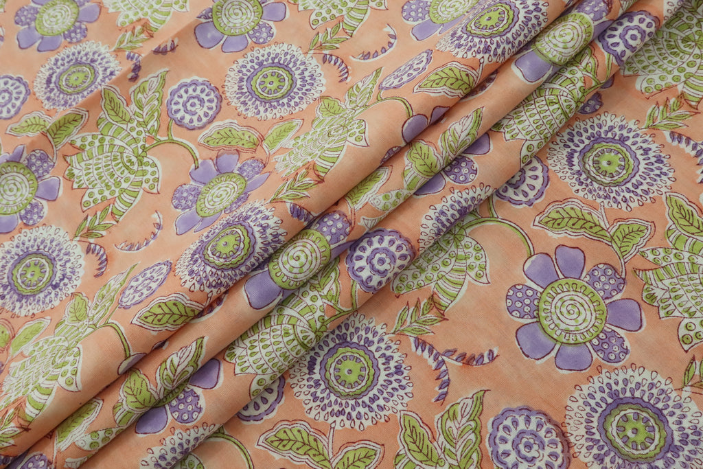 Mughal Floral Linen Fabric: Orange, Green & Purple Block Print