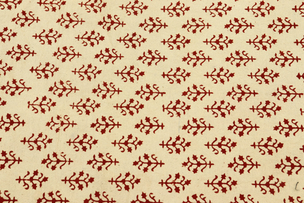 Hand Stamped Cotton Fabric: Beige & Red Mughal Print, Lightweight Summer Dress Material
