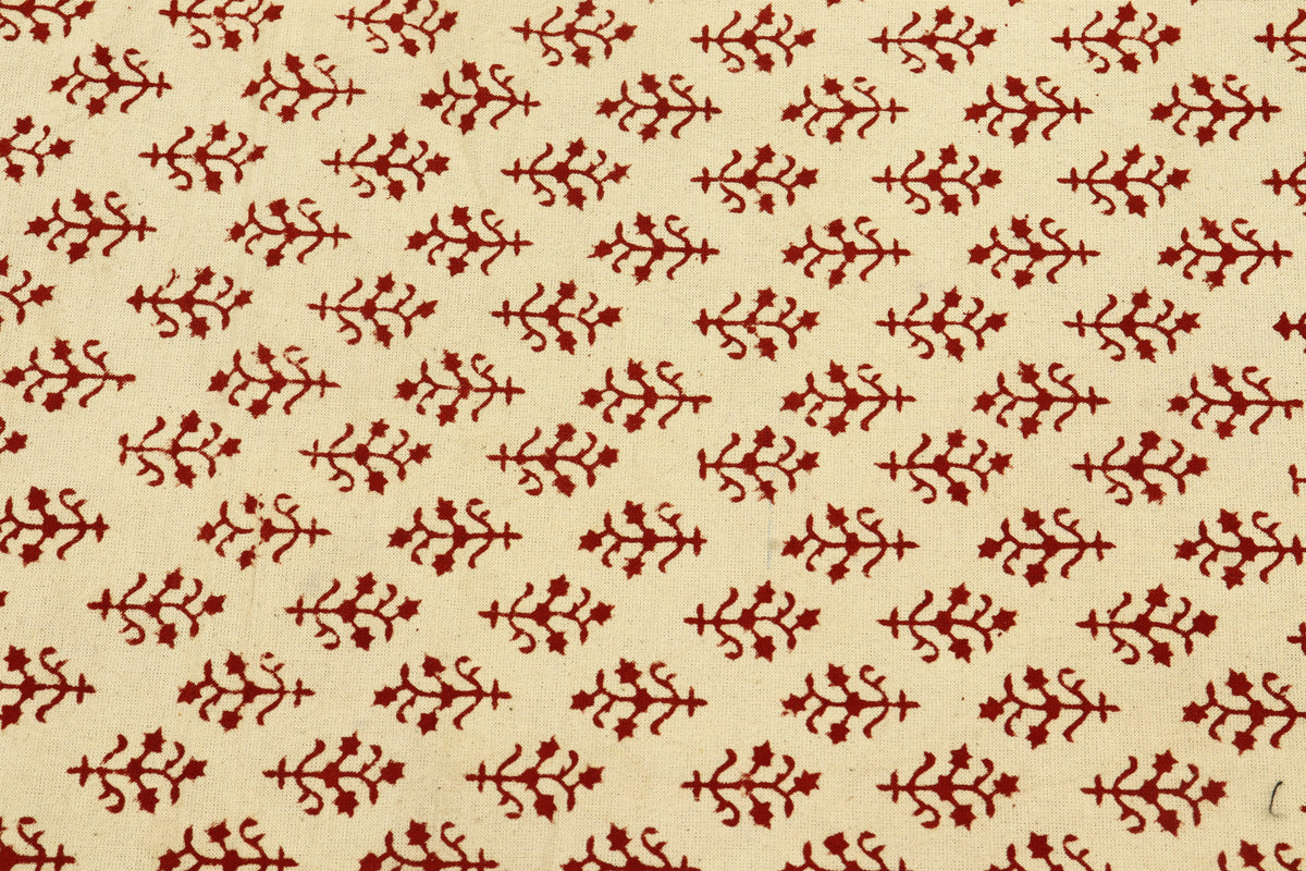 Hand Stamped Cotton Fabric: Beige & Red Mughal Print, Lightweight Summer Dress Material