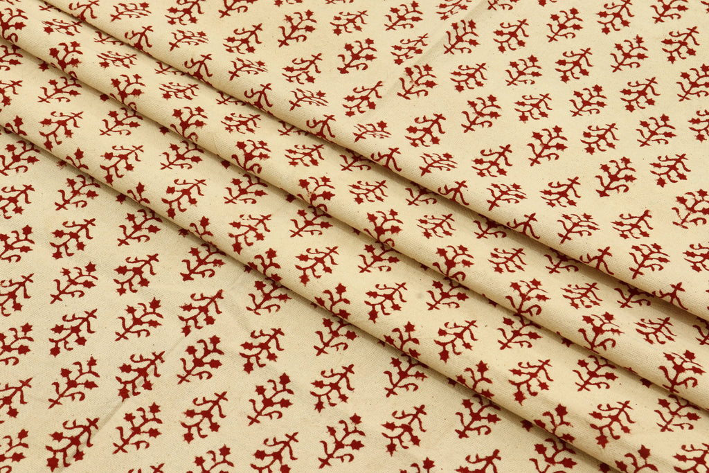 Hand Stamped Cotton Fabric: Beige & Red Mughal Print, Lightweight Summer Dress Material