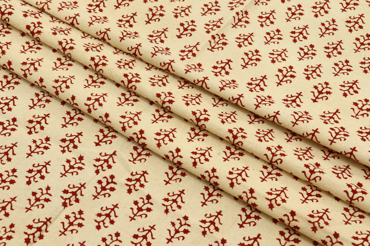 Hand Stamped Cotton Fabric: Beige & Red Mughal Print, Lightweight Summer Dress Material