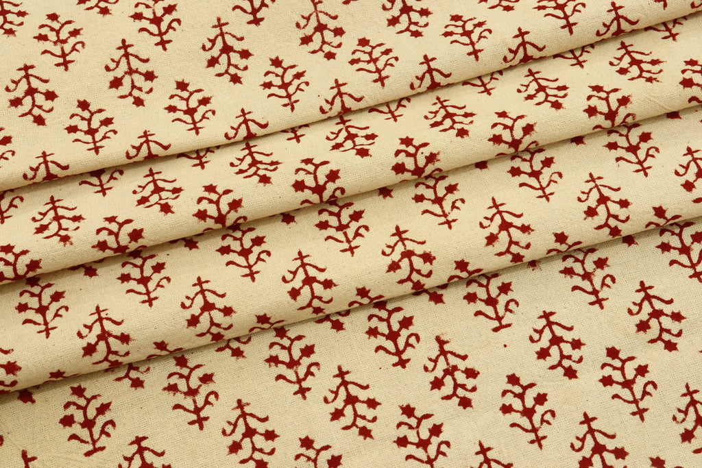 Hand Stamped Cotton Fabric: Beige & Red Mughal Print, Lightweight Summer Dress Material