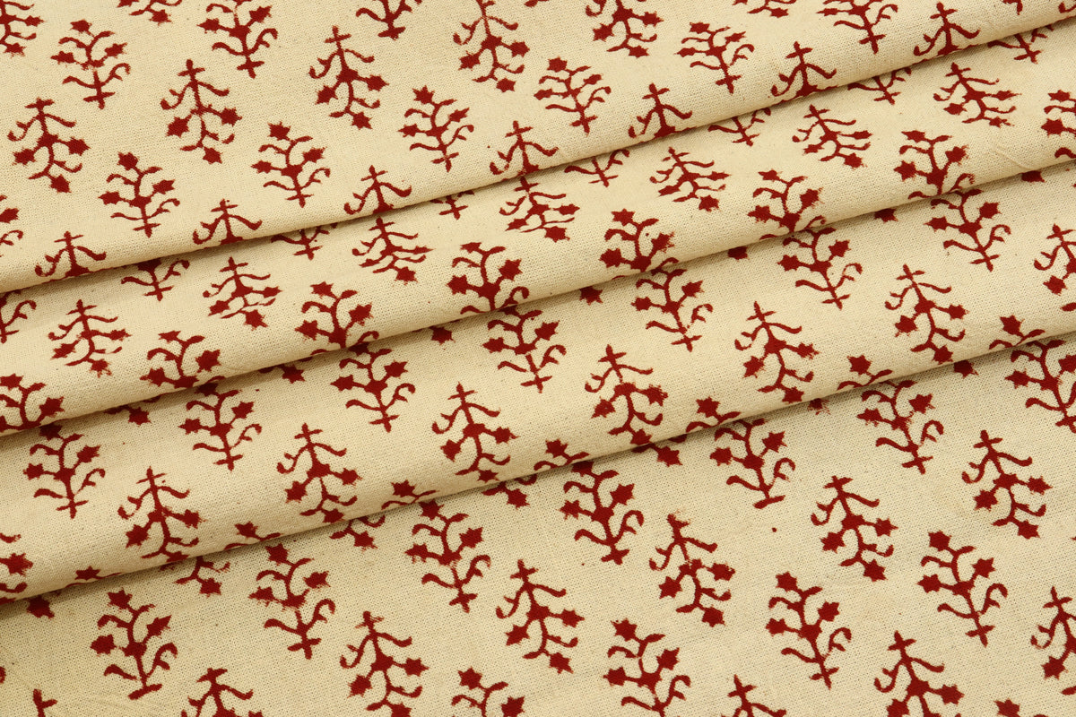 Hand Stamped Cotton Fabric: Beige & Red Mughal Print, Lightweight Summer Dress Material