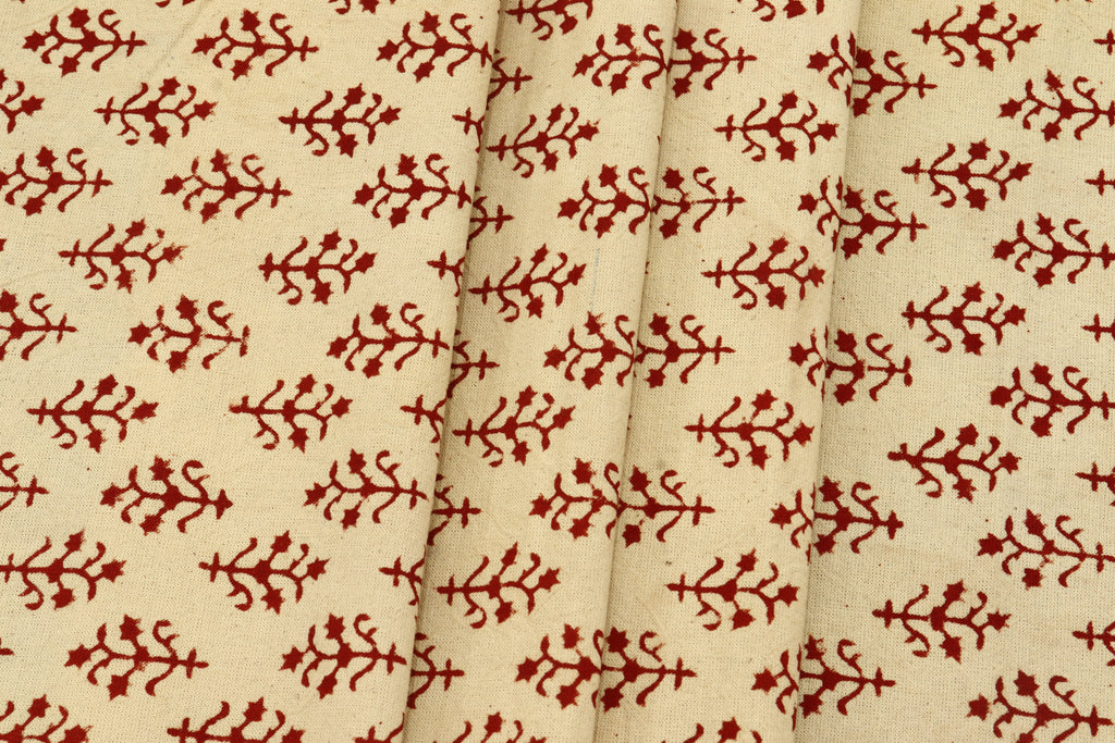 Hand Stamped Cotton Fabric: Beige & Red Mughal Print, Lightweight Summer Dress Material